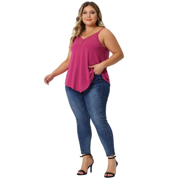 Plus Size Cami Tank V-Neck Lace Front Camisole Spaghetti Strap Tops Fuchsia - Picture 3 of 6